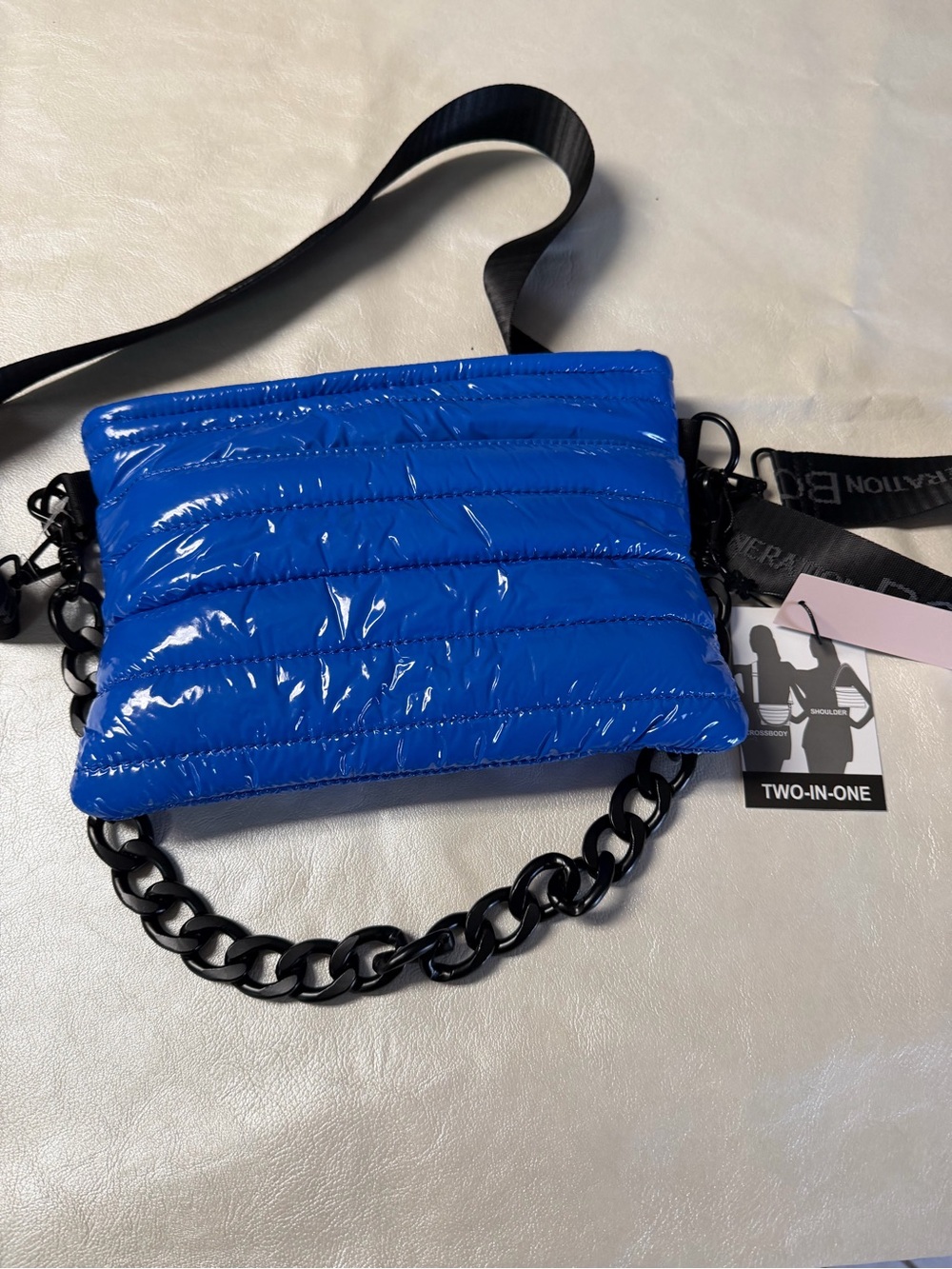 BCBGeneration Royal Blue Quilted Puffer Crossbody with Black Chain